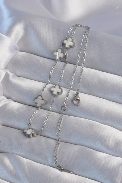 316L Çelik Gümüş Renk Minimal Beyaz Sedefli Yonca Kolye - TJ-BKO9001 - Resim 2