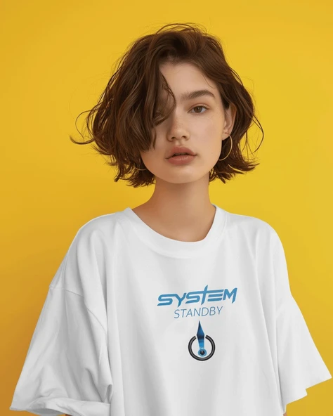 Oversize Kadın Tişört   SYSTEM STANDBY  Minimal Siber Tasarım, Siyah  Beyaz