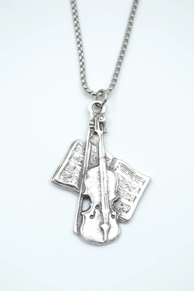 Keman - Nota Defteri Gümüş Kaplama Örme Zincir Kolye ürün görseli 1