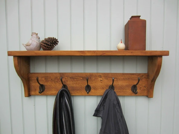 KUZELA  Ahşap Rustik Raflı Askılık( 70 cm boy, 20 cm Yükseklik, 15 cm En,Kalınlık 3 cm) - 2