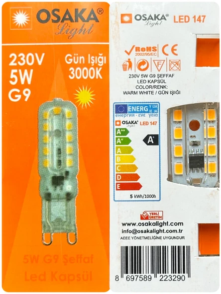 (3 Adet) Osaka 5W 3000K (Sarı Işık) G9 Duylu Led Kapsül Ampul - 4