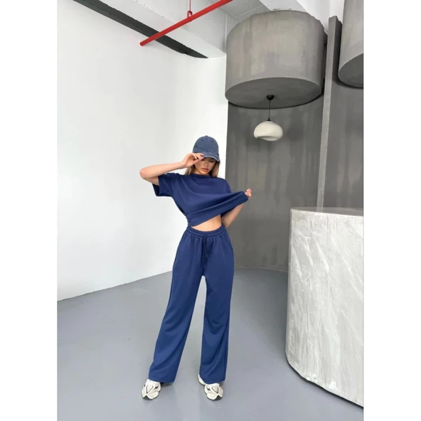 Lucky Life Kadın Yumuşak Dokulu Kumaş Kısa Kollu Bluz Rahat Pantalon Ikili Takım- Lacivert - 3