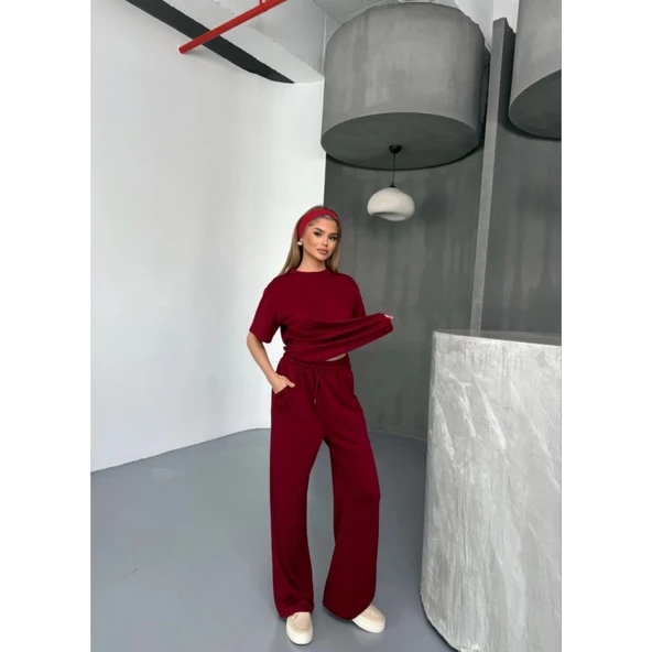 Lucky Life Kadın Yumuşak Dokulu Kumaş   Kısa Kollu Bluz Rahat Pantalon Ikili Takım- Bordo - 2