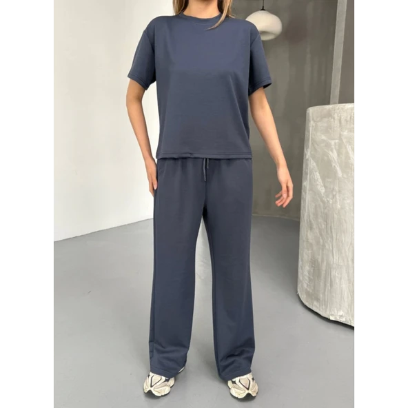 Lucky Life Kadın Yumuşak Dokulu Kumaş Kısa Kollu Bluz Rahat Pantalon Ikili Takım- Füme