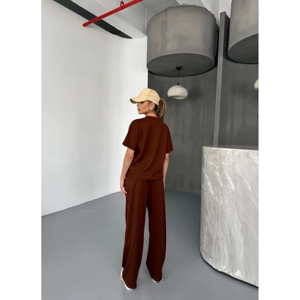 Lucky Life Kadın Yumuşak Dokulu Kumaş   Kısa Kollu Bluz Rahat Pantalon Ikili Takım- Bordo - 3