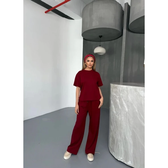 Lucky Life Kadın Yumuşak Dokulu Kumaş   Kısa Kollu Bluz Rahat Pantalon Ikili Takım- Bordo - 4