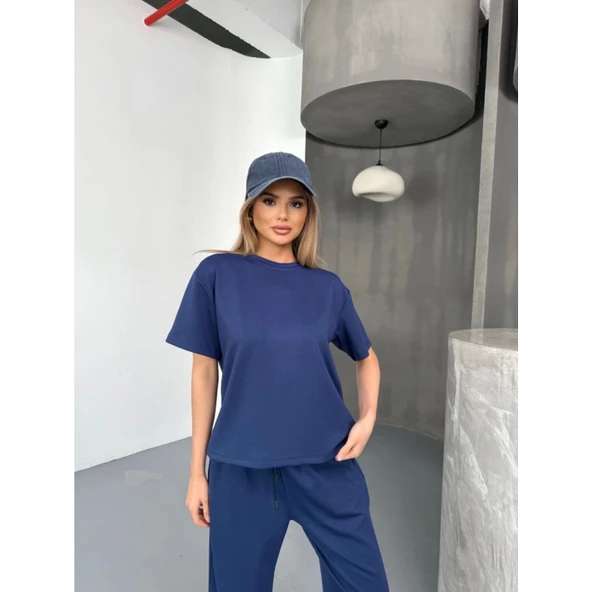 Lucky Life Kadın Yumuşak Dokulu Kumaş Kısa Kollu Bluz Rahat Pantalon Ikili Takım- Lacivert - 4