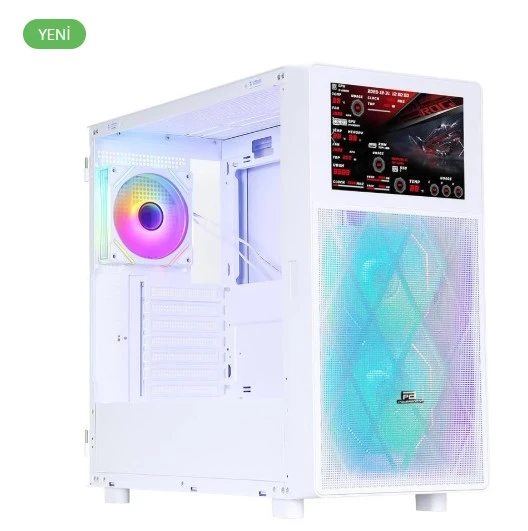 PowerBoost PB-P4367BW USB 3.0, ATX LCD Mesh Panel ARGB Fan, Beyaz Kasa (PSU Yok)