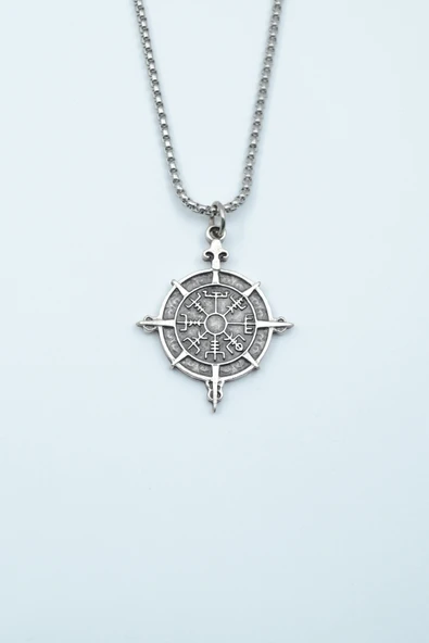 Viking Vegvisir Pusula  Gümüş Kaplama Örme Zincir Kolye ürün görseli 1