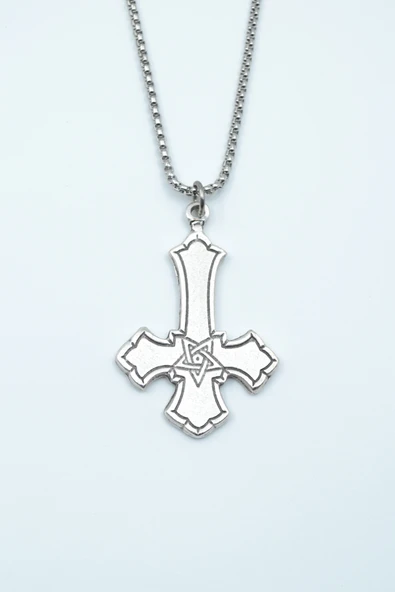 Ters Haç - Davut Yıldızı Gümüş Kaplama Örme Zincir Kolye ürün görseli 1