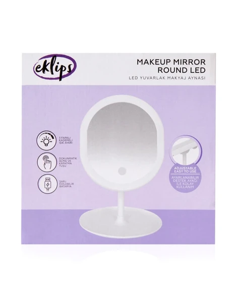 3 Renk Led'li Taşınabilir Şarjlı Işıklı OVAL Makyaj Aynası Beyaz Renk