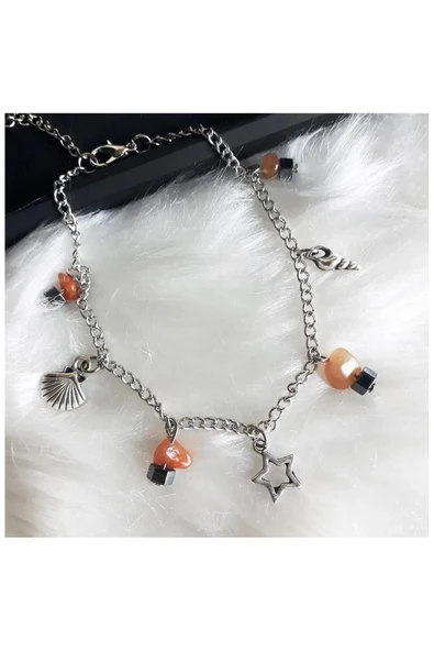 Akik & Hematit Doğal Taş Deniz Kabuğu Halhal