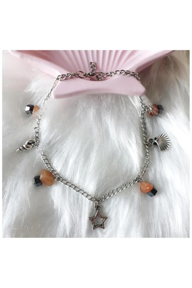 Akik & Hematit Doğal Taş Deniz Kabuğu Halhal - 2