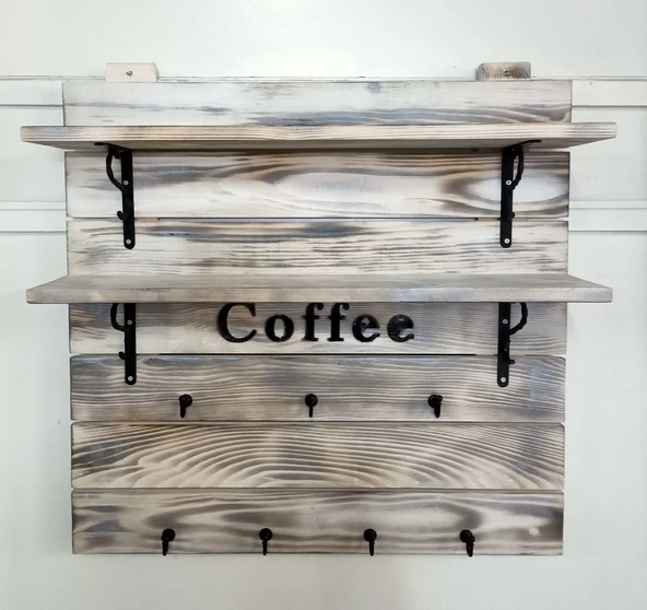 KUZELA  Ahşap Iki Raflı Duvar Kupa Askılık