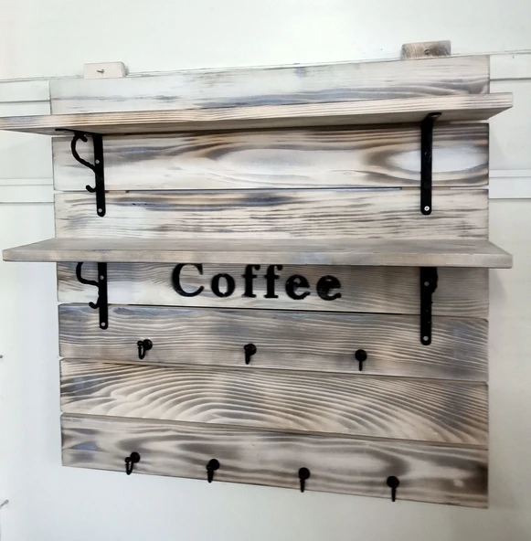 KUZELA  Ahşap Iki Raflı Duvar Kupa Askılık - 2