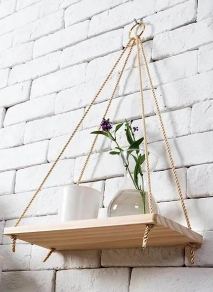 KUZELA  Ahşap Ipli Halkalı Duvar Rafı - 2