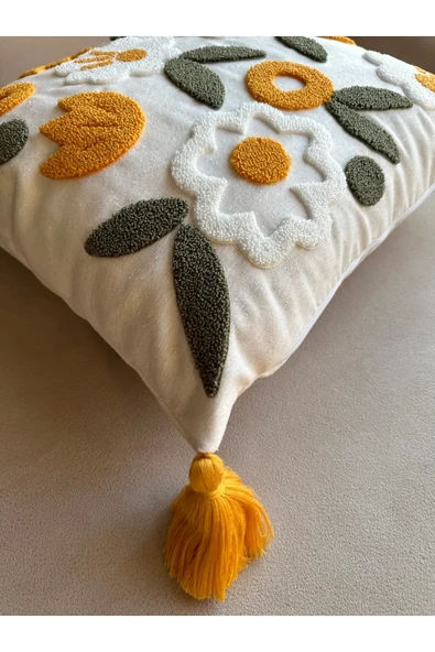 Keten Kumaş Nakışlı Püsküllü Kırlent Kılıfı Punch - 2