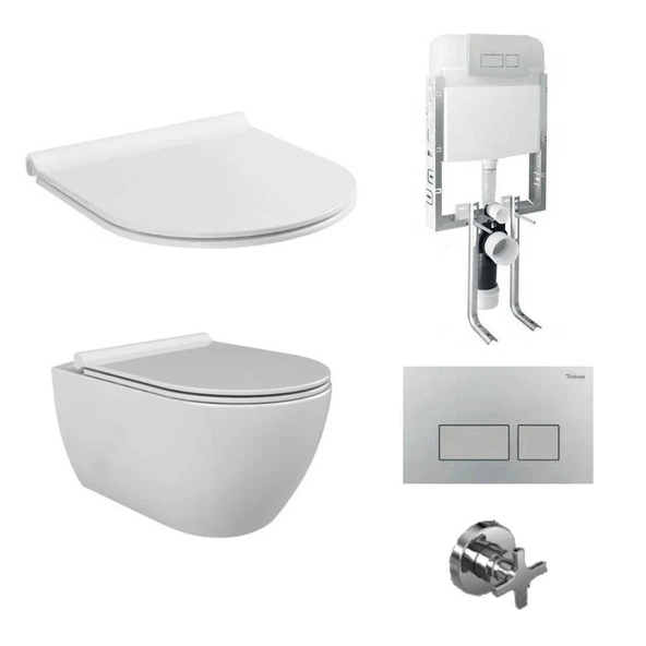 Turkuaz Cerastyle City Rimless Kanalsız Asma Klozet ve Gömme Rezervuar Tam Set Bella Kapak