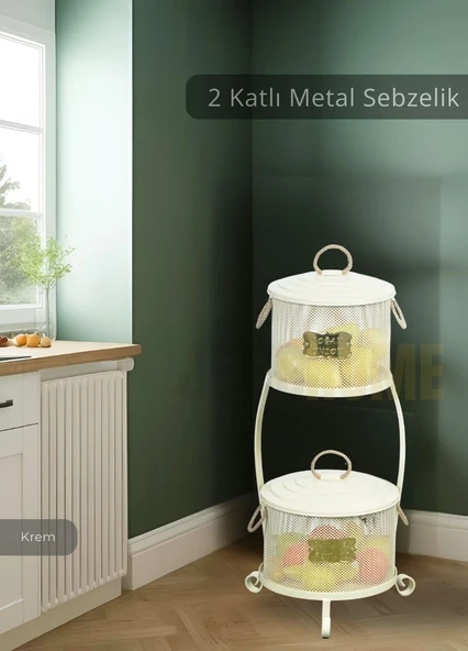 Patates Soğan Kovası 2 Katlı Sebzelik Paslanmaz Organizer Patates Soğan Sepeti Krem