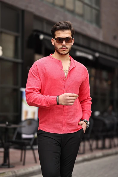 Hafif ve Nefes Alabilir Erkek Müslin Yarım Pat Hakim Yaka Oversize Gömlek - Kırmızı - 3