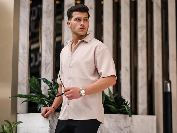 Oversize Rahat Fitilli Kısa Kol Erkek Gömlek - Bej - 5