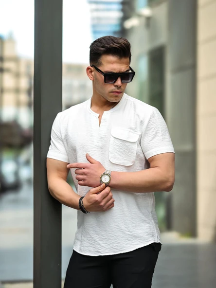 V Yaka Cep Detaylı Fit Gömlek - Beyaz - Resim 2