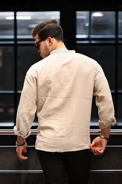 Hafif ve Nefes Alabilir Erkek Müslin Yarım Pat Hakim Yaka Oversize Gömlek- Açık Bej - 4