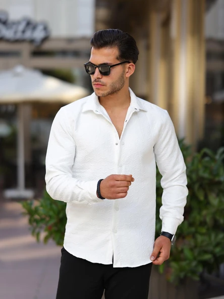 Geometrik Desen Kapitone Desenli Gömlek/Ceket - Beyaz