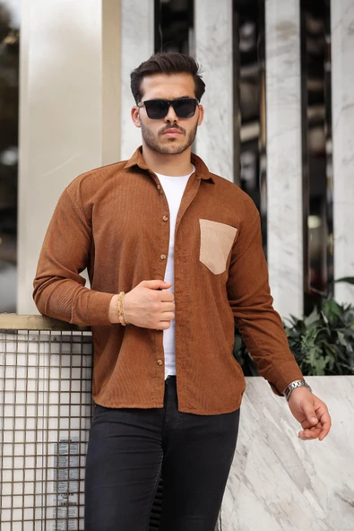 Cep Detaylı Fitilli Kadife Gömlek - Açık Kahve - Resim 4