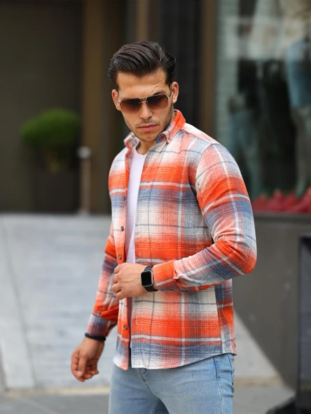 Şeritli Oduncu Fit Gömlek -  Turuncu - 2