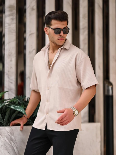 Oversize Rahat Fitilli Kısa Kol Erkek Gömlek - Bej - 2