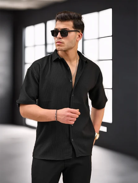 Oversize Rahat Fitilli Kısa Kol Erkek Gömlek - Siyah