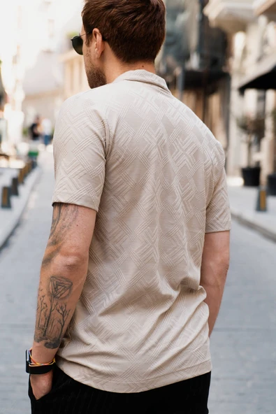 Bej Erkek Jakarlı Desenli Kısa Kollu Relaxed Gömlek - 2