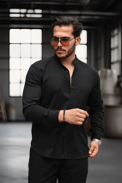 Hakim Yaka Oxford Kumaş Uzun Kol Gömlek - Siyah