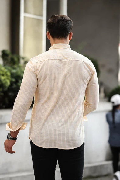 Nefes Alabilir Zarif Günlük Carina Çizgili Pamuklu Erkek Gömlek - Sarı - 3