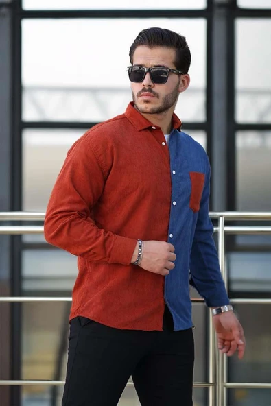 Kontrast Çift Renk Fitilli Kadife Gömlek - Açık Kiremit - Resim 5