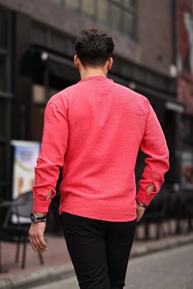 Hafif ve Nefes Alabilir Erkek Müslin Yarım Pat Hakim Yaka Oversize Gömlek - Kırmızı - 4