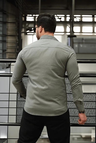 Likralı Regular Fit Nefes Alabilir Klasik Erkek Oxford Gömlek - Haki - Resim 4