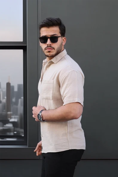 Müslin Kumaş Tek Cepli Gömlek- Açık Bej - 3