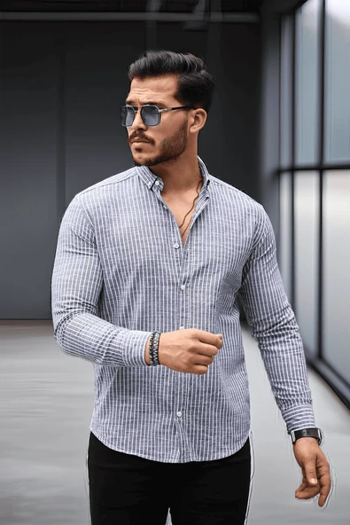 Nefes Alabilir Zarif Günlük Carina Çizgili Pamuklu Erkek Gömlek - Lacivert - Resim 6