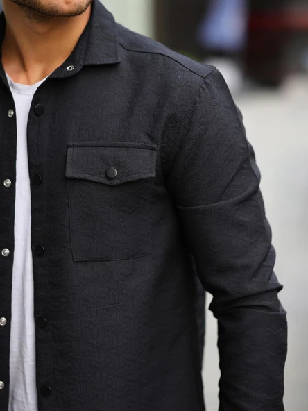 Çift Cepli Çubuk Desen Kapitone Gömlek/Ceket - Siyah - Resim 3