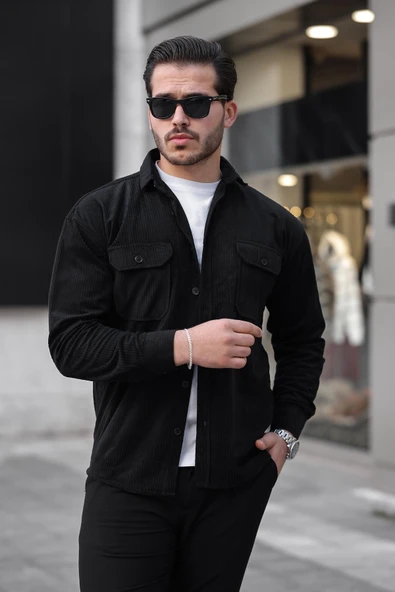 Çift Cepli Dolgu Fitilli Erkek Kadife Gömlek - Siyah - 3