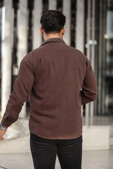 Cep Detaylı Fitilli Kadife Gömlek - Koyu Kahve - Resim 6