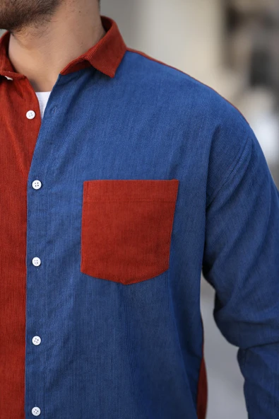 Kontrast Çift Renk Fitilli Kadife Gömlek - Açık Kiremit - Resim 4