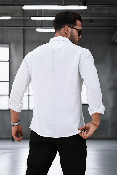 Nefes Alabilir Yarım Oversize Müslin Kumaş Uzun Kol Yakalı Erkek Gömlek - Beyaz - 4