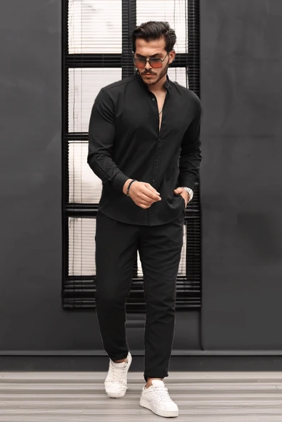 Hakim Yaka Oxford Kumaş Uzun Kol Gömlek - Siyah - 4