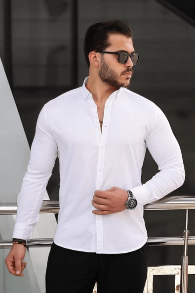 Likralı Regular Fit Nefes Alabilir Klasik Erkek Oxford Gömlek - Beyaz - 3
