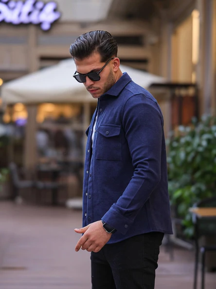 Çift Cep Kapaklı Kaşe Gömlek - Lacivert - 2