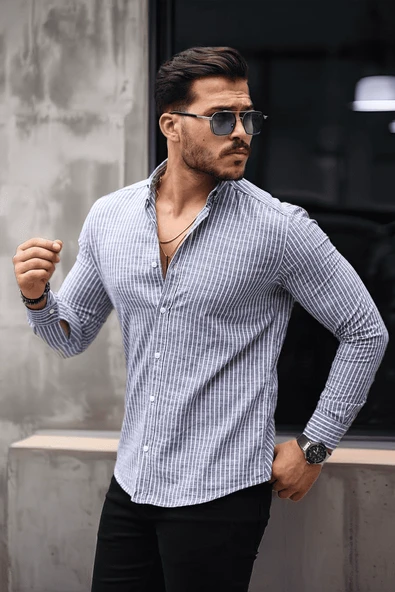 Nefes Alabilir Zarif Günlük Carina Çizgili Pamuklu Erkek Gömlek - Lacivert - Resim 3