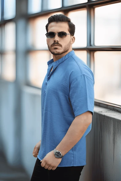 Wes Oversize Yarım Pat Bambu Kısa kol Gömlek - Mavi - 3